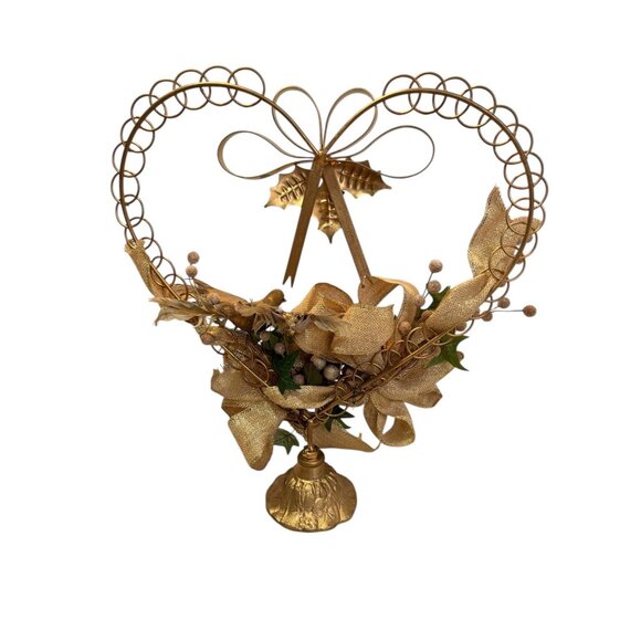Gold Christmas Heart Shaped Centerpiece Card Holder With Bird Vintage - Picture 7 of 9
